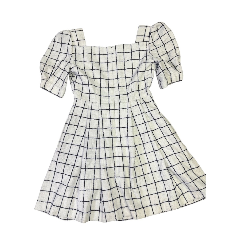 Gal‎ Meets Glam White Black Grid Square Neck Puff Sleeve Dress 2 Pockets Classy - Picture 13 of 13